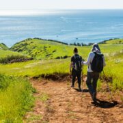 Hikers on Smugglers Road descending to Smugglers Cove on Santa Cruz Island, Channel Islands National Park, California