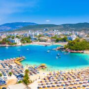 View of Bora Bora beach in Ksamil, Albanian Riviera. Ksamil islands are located near the Saranda, Albania.